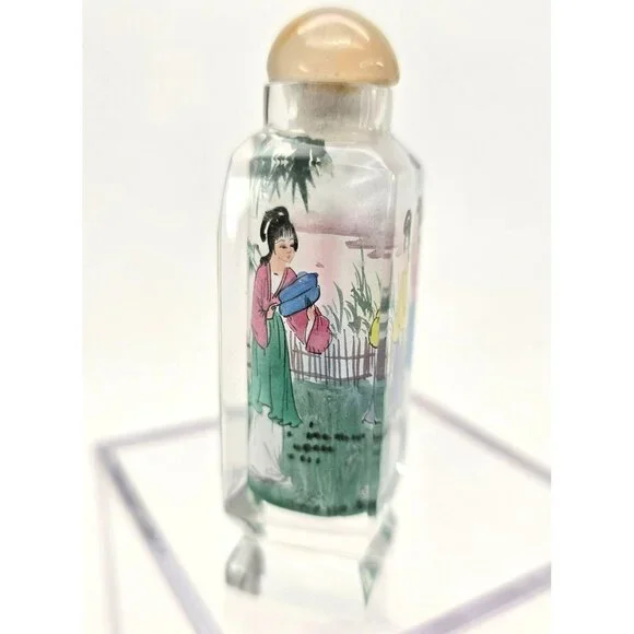 Snuff Bottle Hand-Painted Chinese Square Glass Round Lid Vintage Women je143